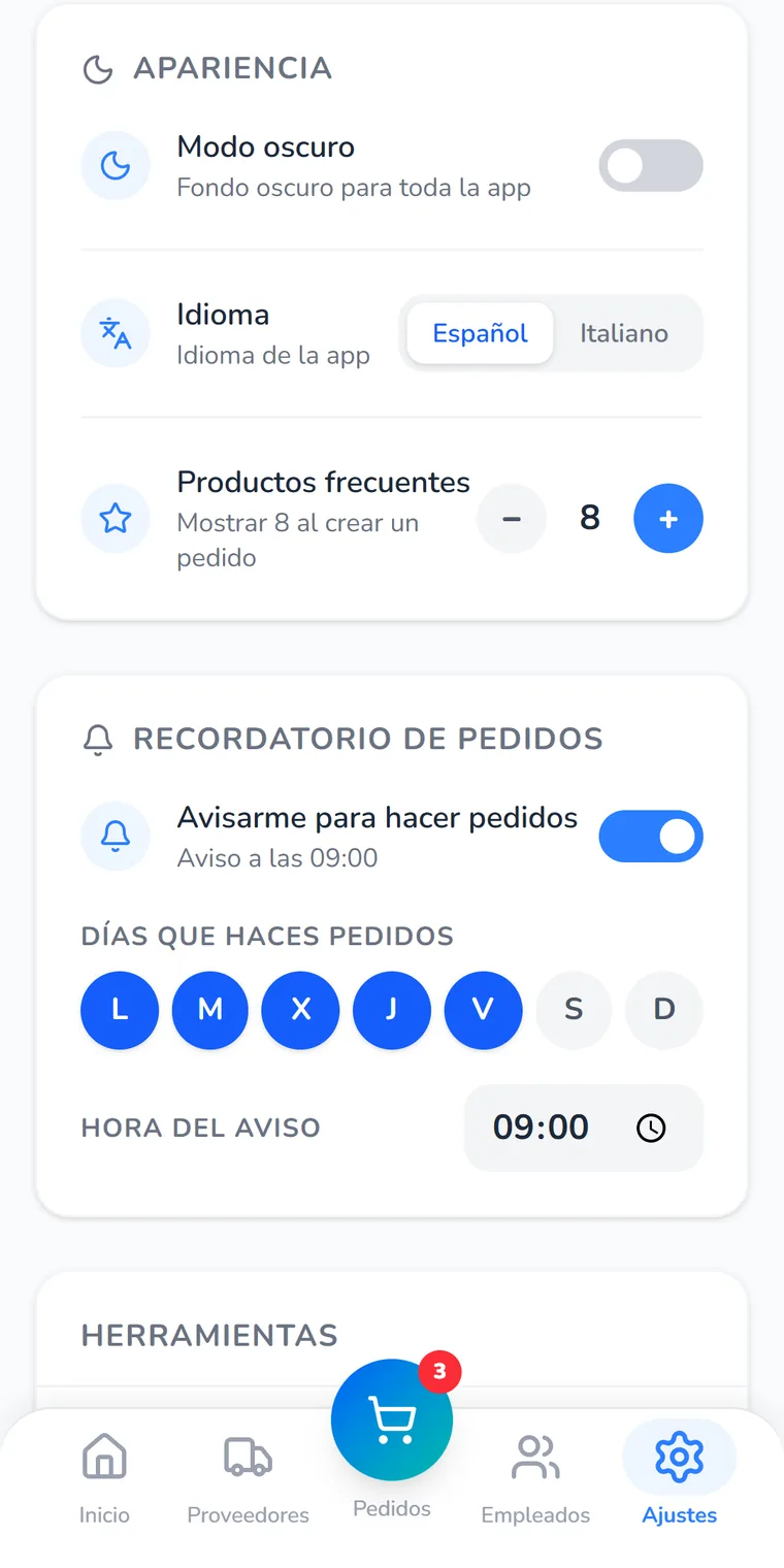 Ajustes con el recordatorio de pedidos