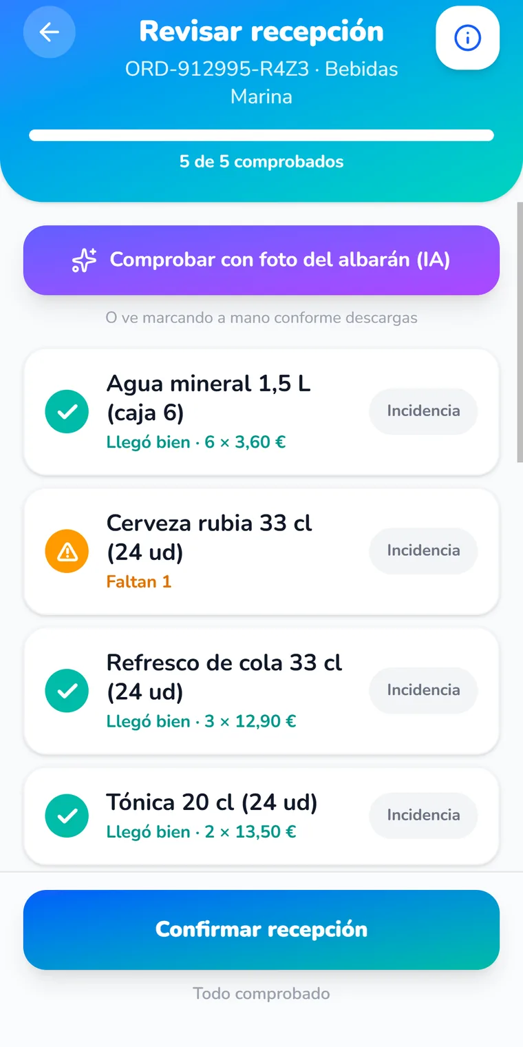 Recepción con el albarán leído por la IA