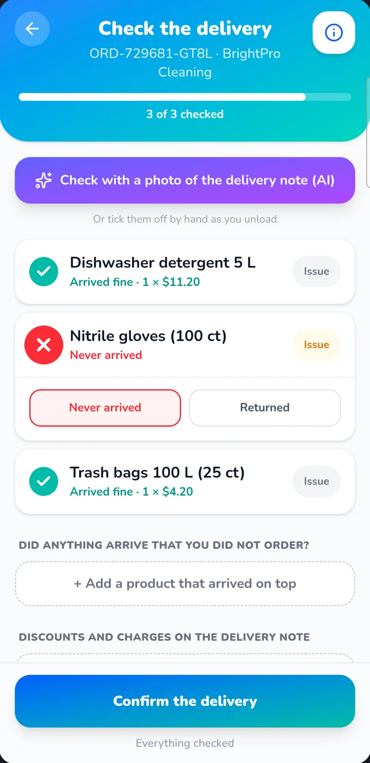 Checking a delivery received, with the delivery note read by the AI
