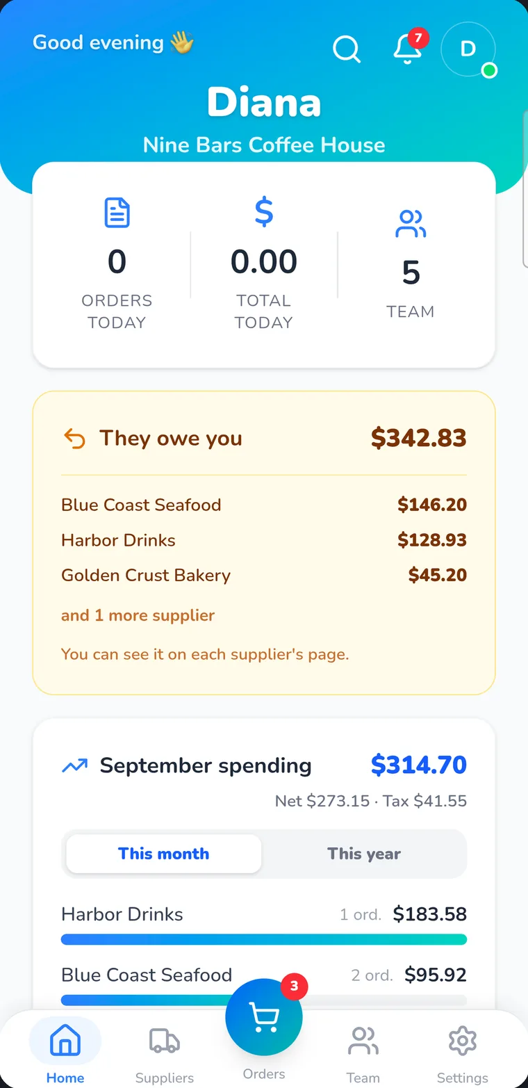 Home screen showing this month's spend by supplier