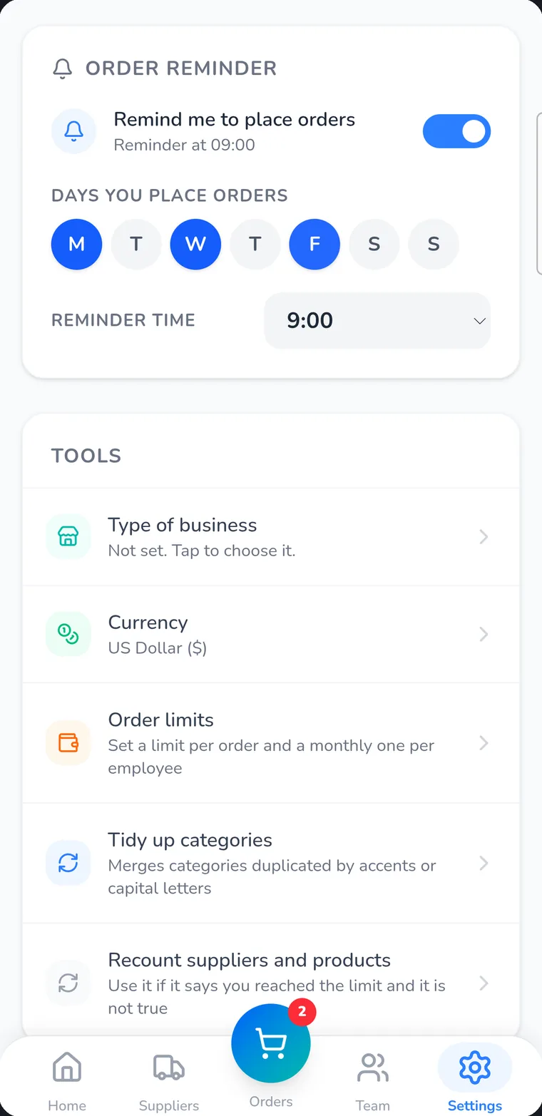 Order reminder for each supplier
