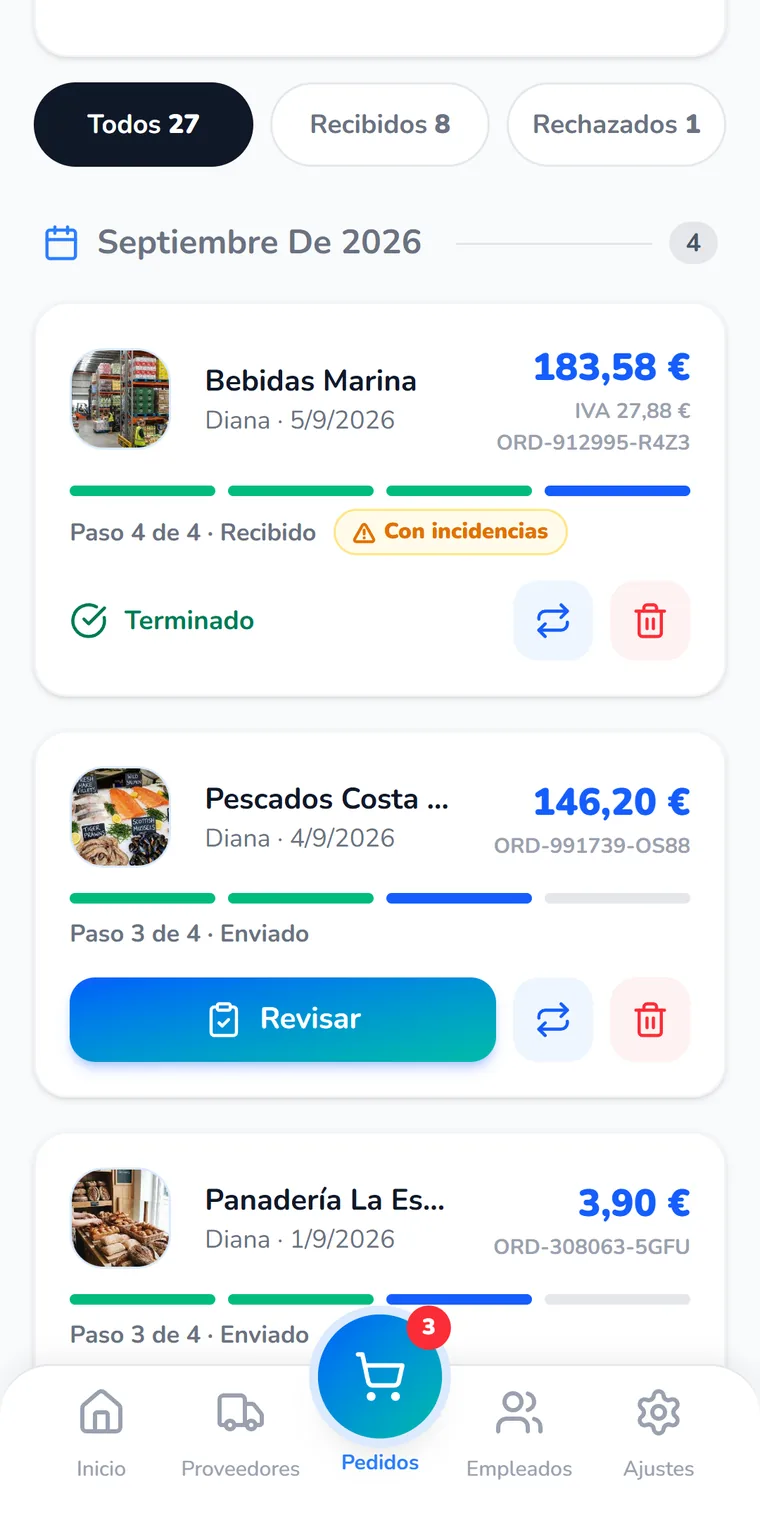 Historial de pedidos con filtros por estado