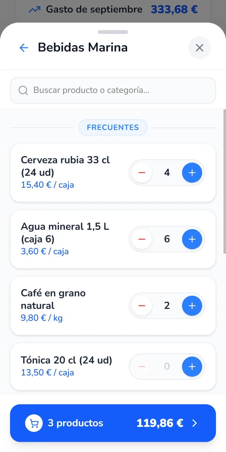 Productos frecuentes con las cantidades del pedido