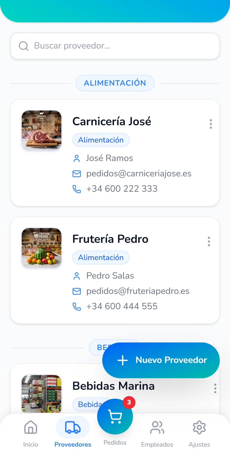 Lista de proveedores agrupados por categoría
