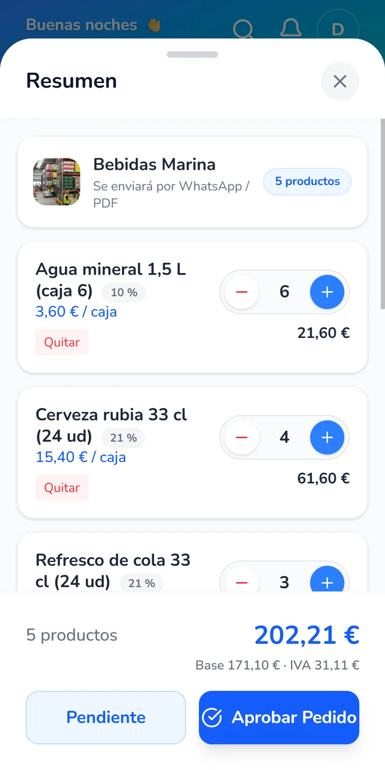 Resumen del pedido con el IVA de cada producto